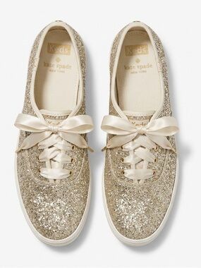 Kate Spade New York Champagne Glitter Sparkle Bridal Ribbon Lace Sneakers Sz 11